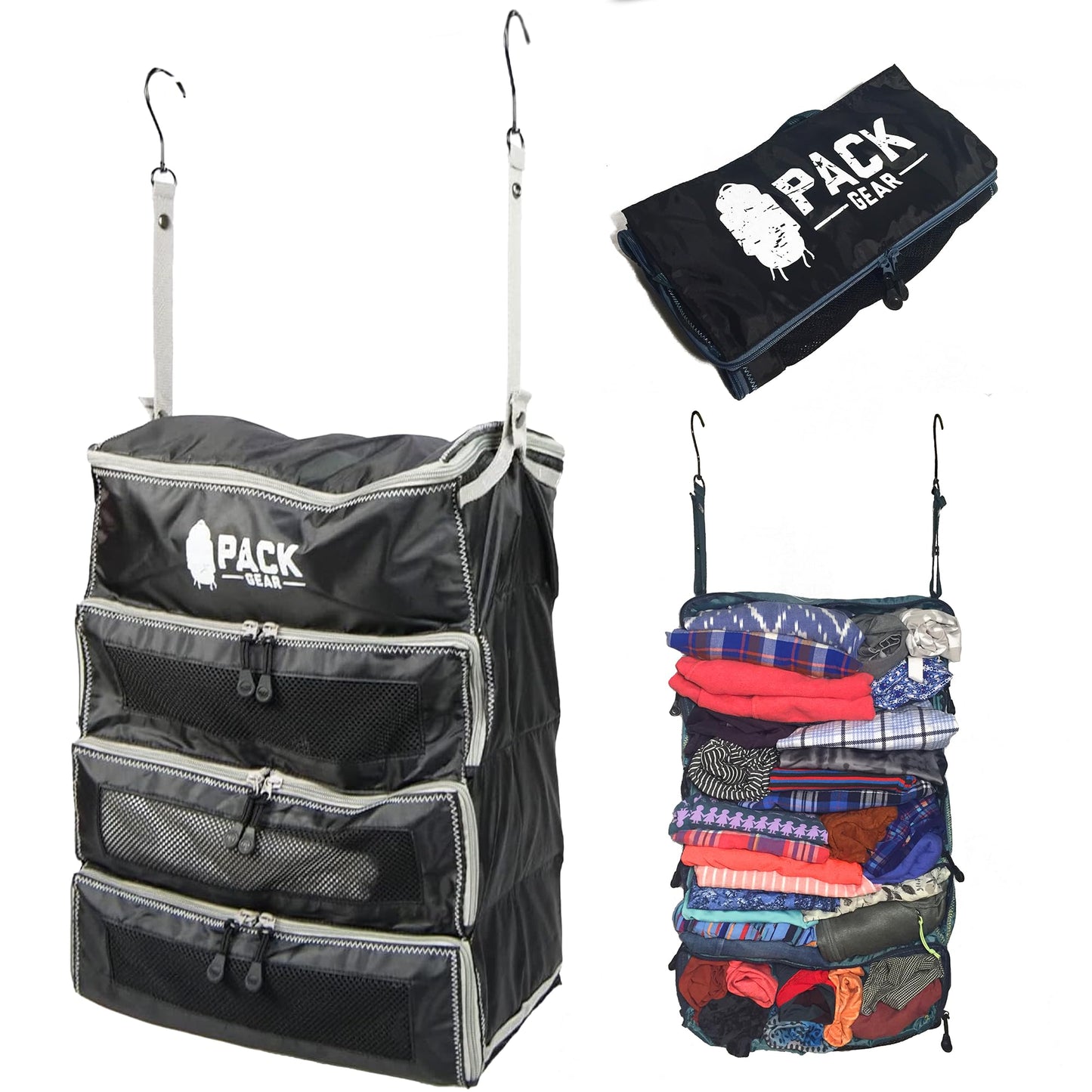 Pack Gear Hanging Carry-On Organizer - Our Fitted Hanging Luggage Organizer Perfectly Fits Any Carry On - Our Packing Cubes For Travel Use Mesh Windows to Make Finding Clothes Easy (Black, M)