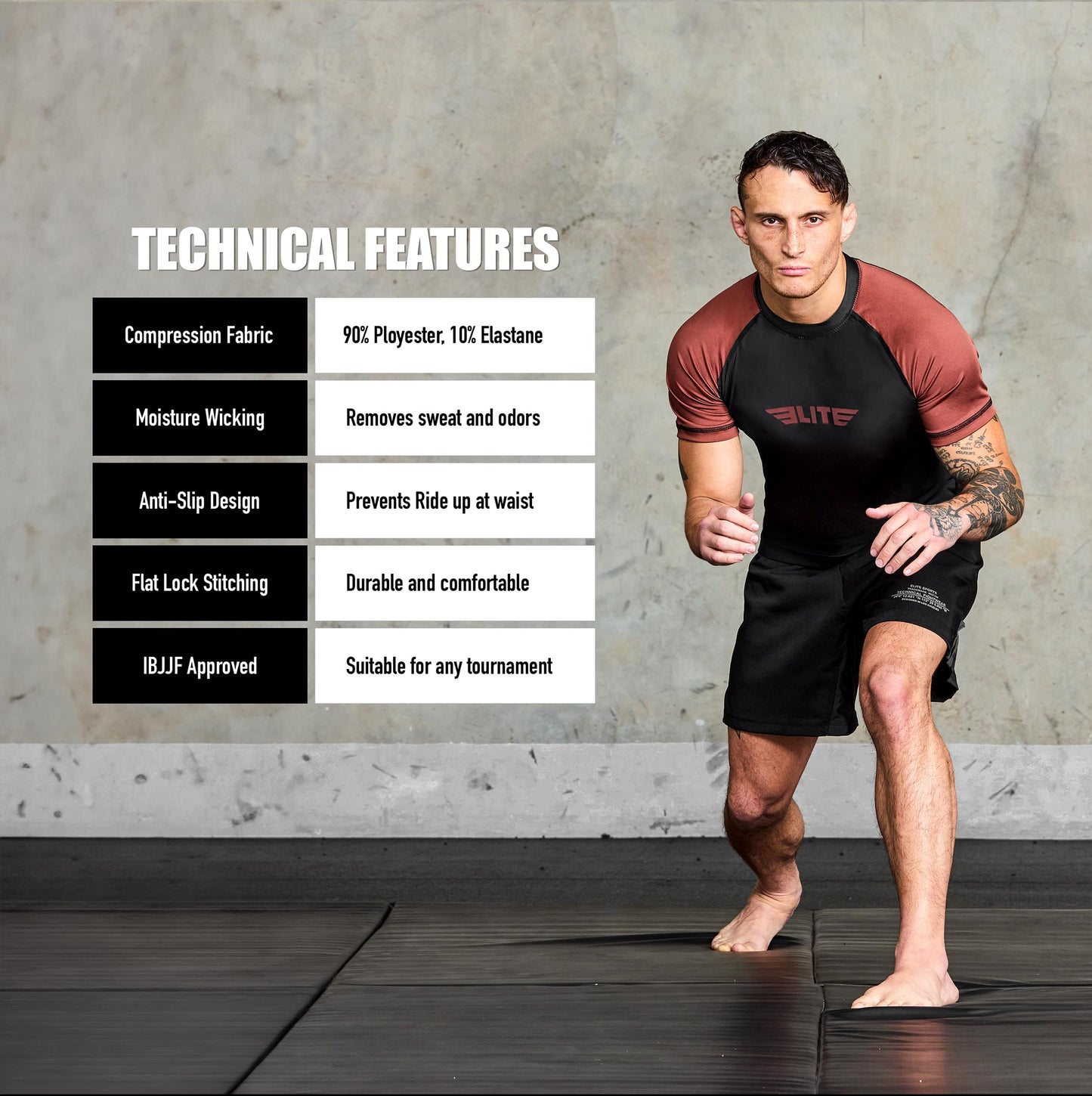 Elite Sports Jiu Jitsu BJJ Rash Guards, Men’s BJJ, No GI, MMA Ranked Short Sleeve Compression Base Layer Rash Guard Brown