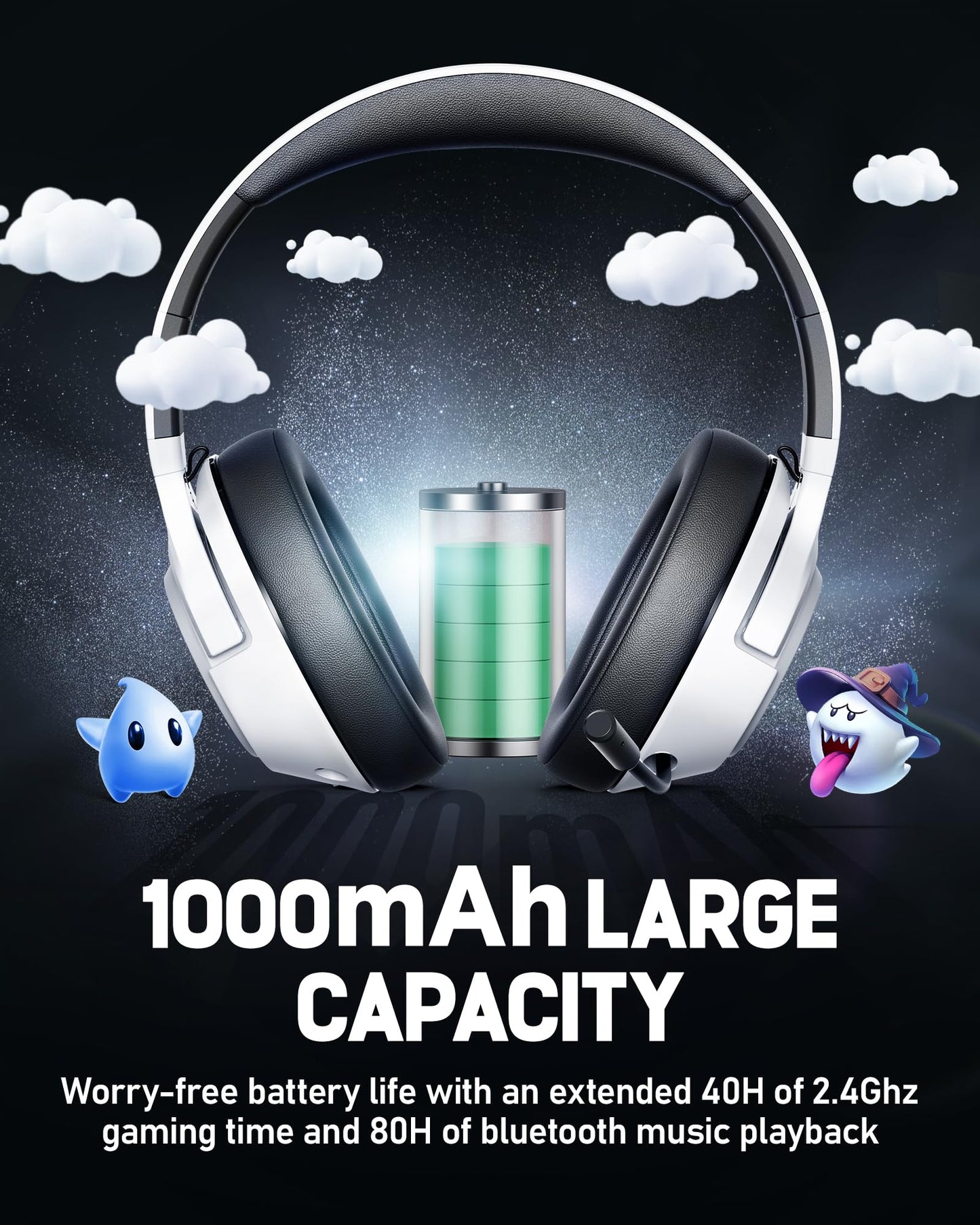 Wireless Gaming Headset for Nintendo Switch丨OLED丨Lite,2.4Ghz USB & Type-C, Bluetooth 5.4 Gaming Headphones with Noise Cancelling Microphone, 40Hr Battery, for PS5, PS4, PC, Mac (White and Black )