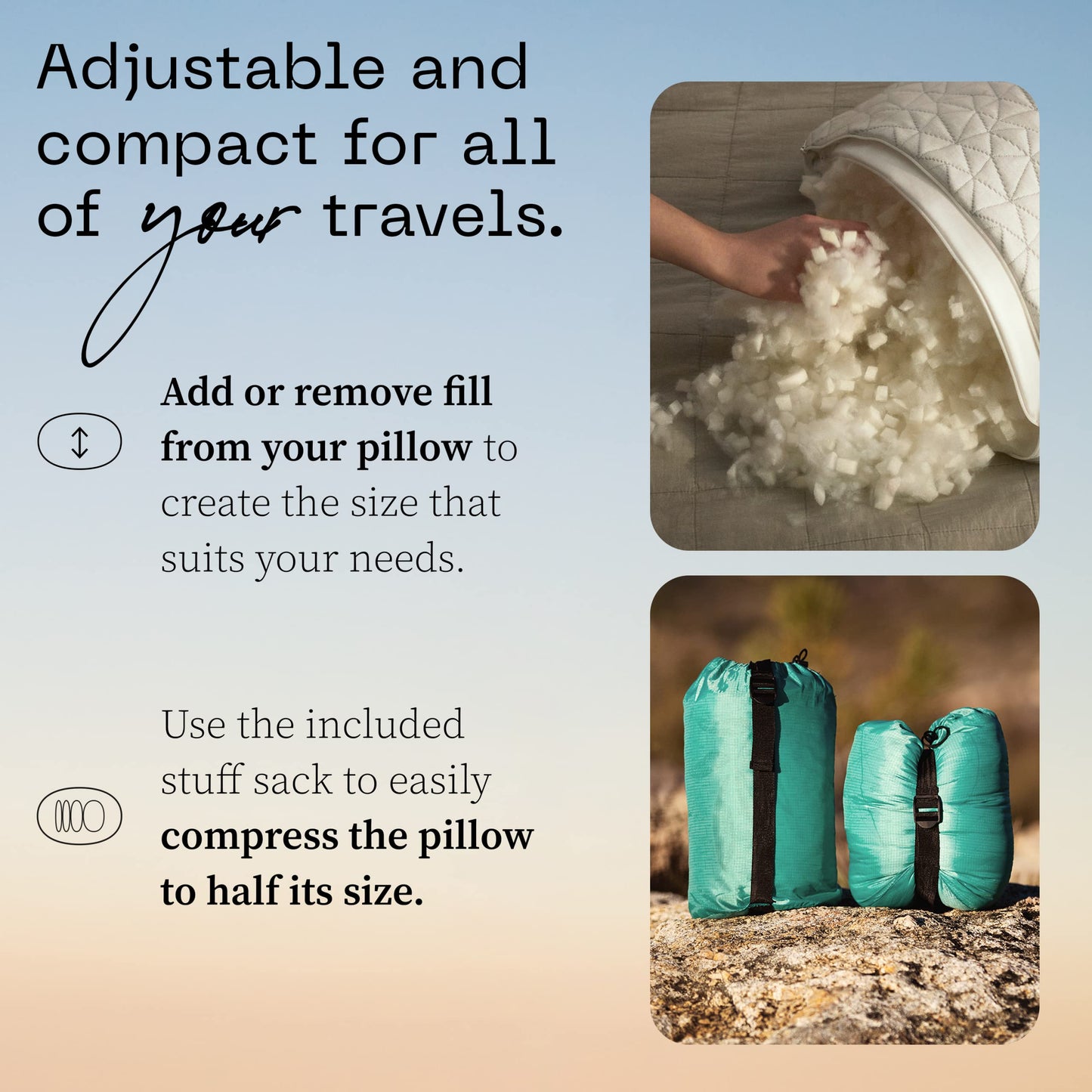 Coop Home Goods Original Travel and Camping Adjustable Pillow, Small Camping Pillow with Compressible Stuff Sack, Medium-Firm Memory Foam with Lulltra Washable Cover, CertiPUR-US Certified (19x13)