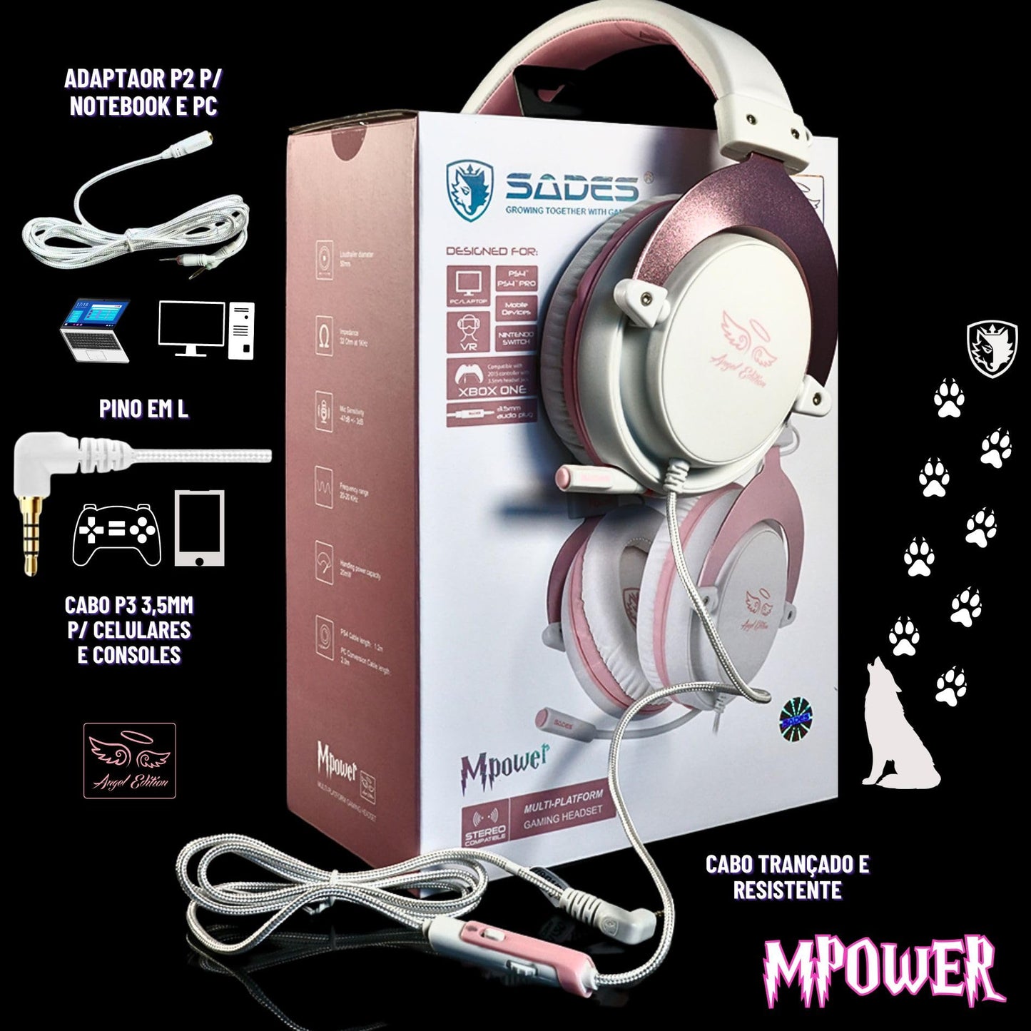 SADES MPOWER Stereo Gaming Headset for PS4, PC, Mobile, Noise Cancelling Over Ear Headphones with Retractable and Flexible Mic & Soft Memory Earmuffs for Laptop Nintendo Switch Games-Angel Edition