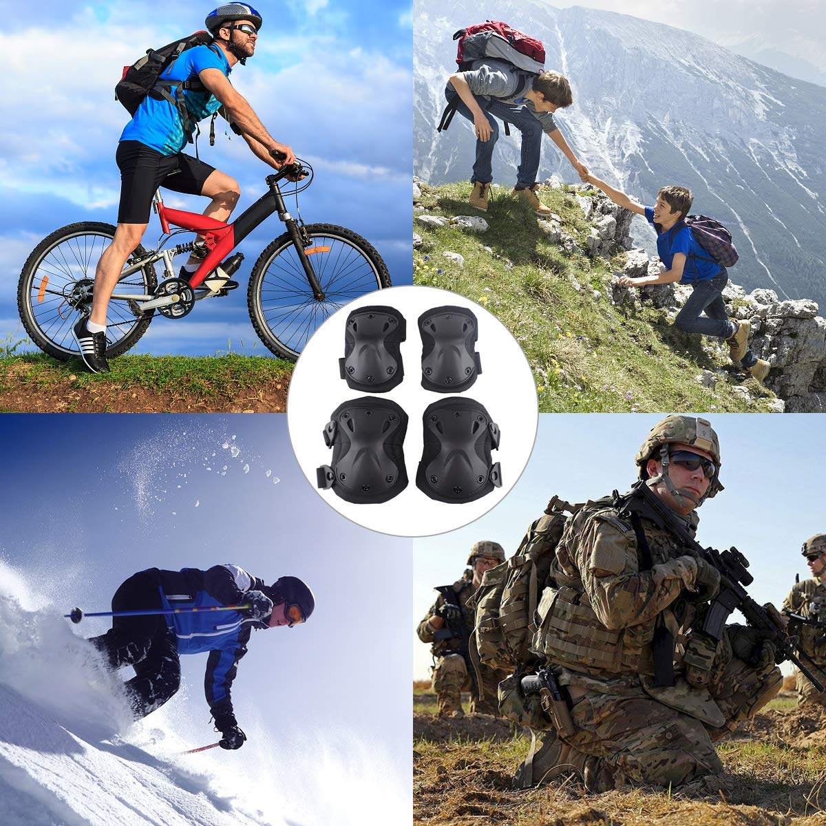 AOUTACC Tactical Combat Knee & Elbow Protective Pads Set for Outdoor CS Paintball Game Cycling Safety Skateboarding Gear Skates Knee Protection Guard Pads (Black)