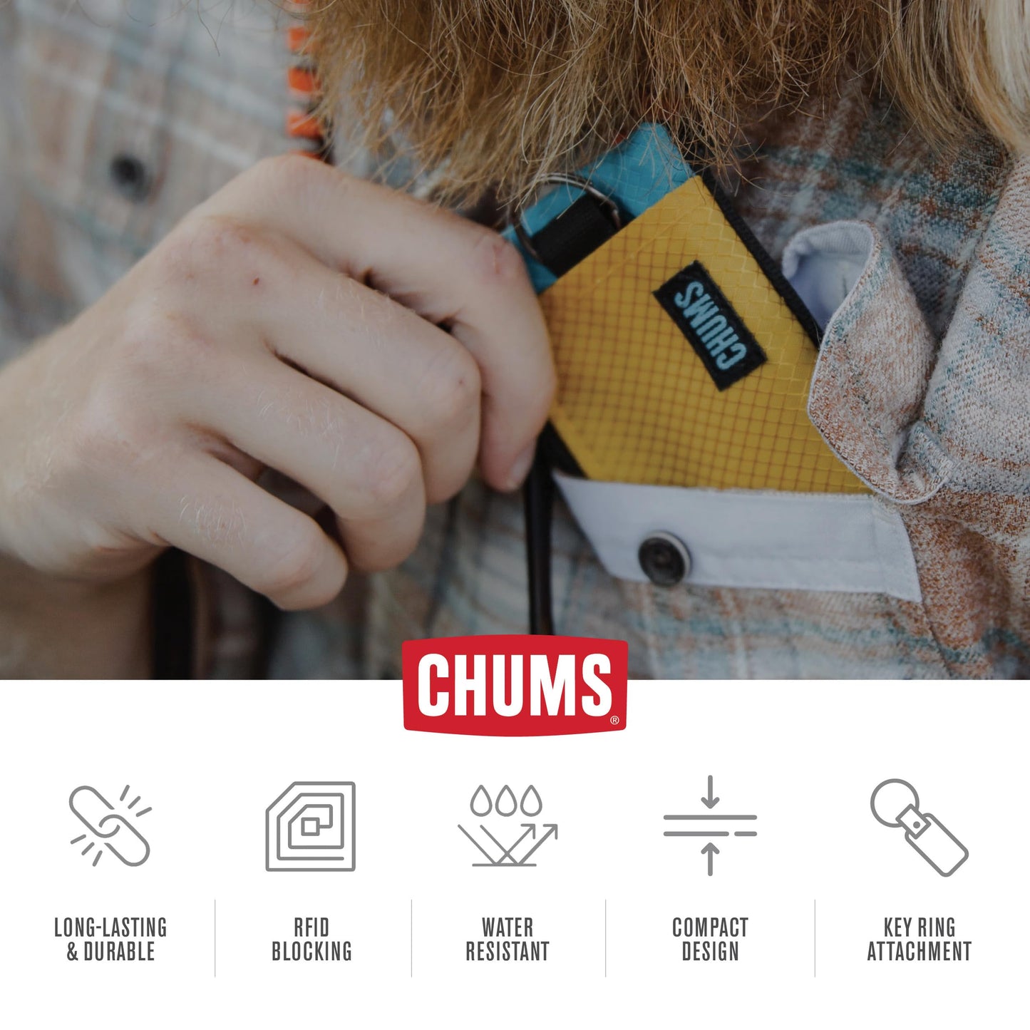 Chums Surfshorts Wallet - Lightweight Slim Wallet with RFID Blocking Card & Clear ID Window - Zippered, Minimalist Wallet w/Key Ring (Brown Trout)