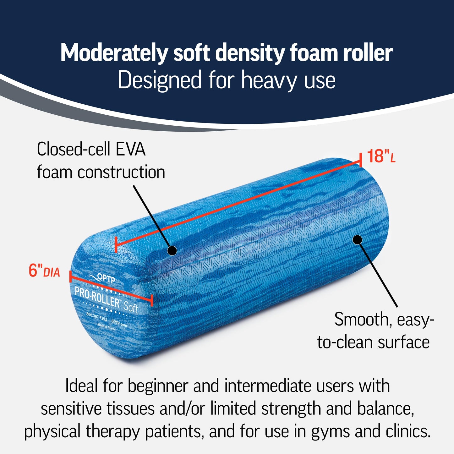 OPTP PRO-Roller Soft Density Foam Roller – Low Density Soft Foam Roller for Physical Therapy, Pilates, Yoga Foam Roll Exercises, and Muscle Recovery - Blue 18" x 6"