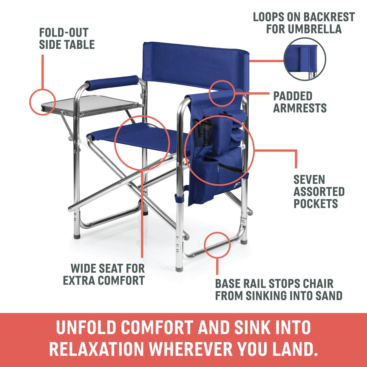 PICNIC TIME Sports Chair with Side Table, Camping Chair, Beach Chair, Camp Chair for Adults (Red)