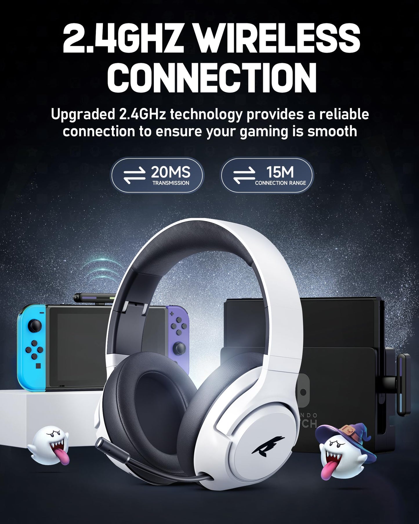 Wireless Gaming Headset for Nintendo Switch丨OLED丨Lite,2.4Ghz USB & Type-C, Bluetooth 5.4 Gaming Headphones with Noise Cancelling Microphone, 40Hr Battery, for PS5, PS4, PC, Mac (White and Black )