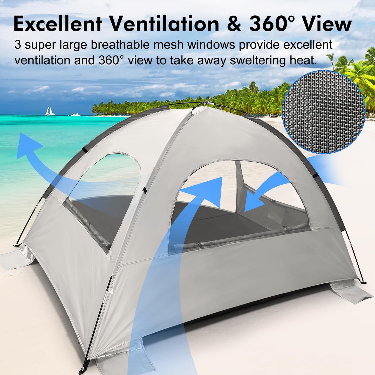 WhiteFang Beach Tent Anti-UV Portable Sun Shade Shelter for 3 Person, Extendable Floor with 3 Ventilating Mesh Windows Plus Carrying Bag, Stakes and Guy Lines (Baby's Breath)