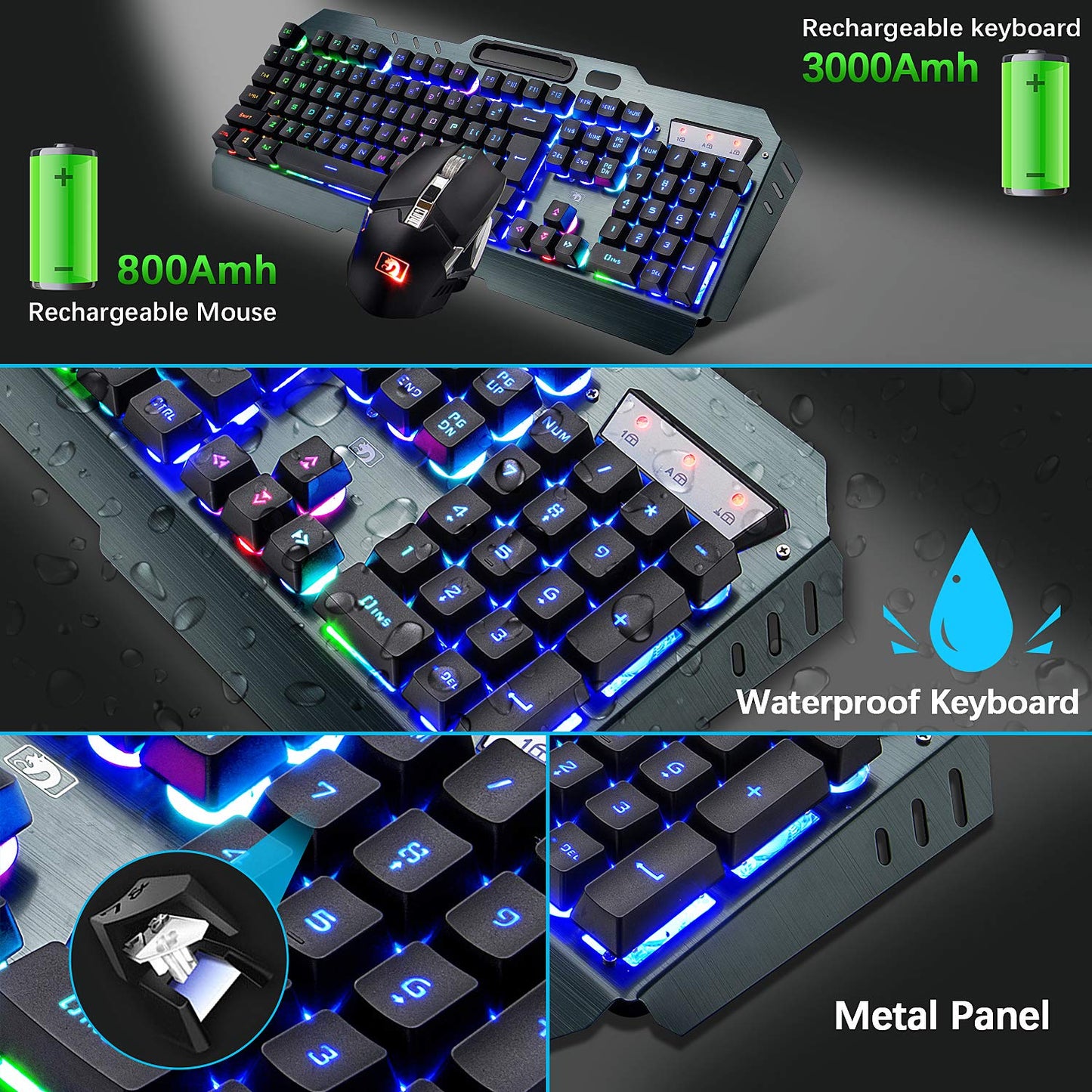 Wireless Gaming Keyboard and Mouse Combo,3 in 1 Rainbow LED Rechargeable Keyboard Mouse with 3800mAh Battery Metal Panel,10 Colors RGB Gaming Mouse Pad (32.5x12x0.15 inch),7 Colors Mute Gaming Mouse