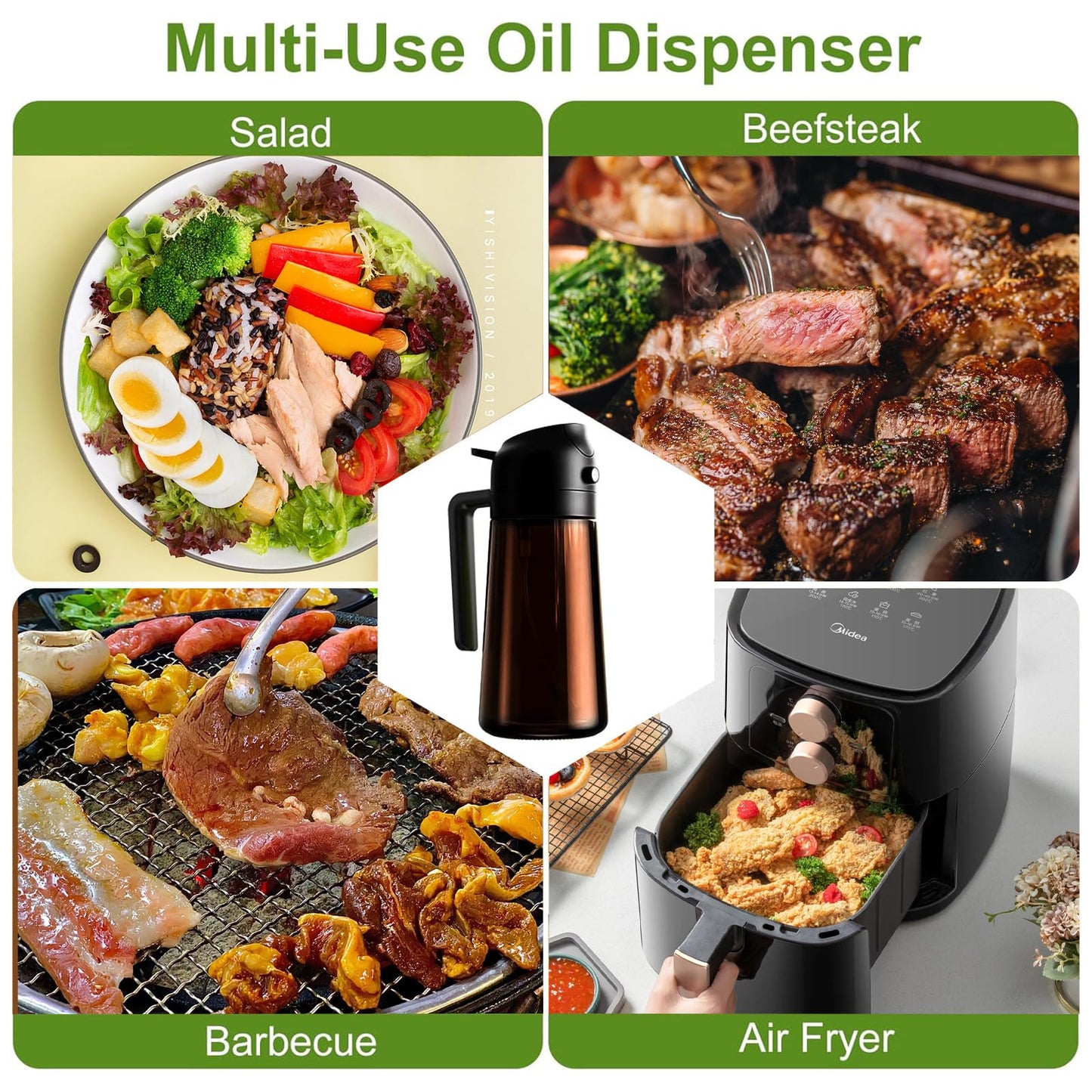 OURCABECUE Oil Sprayer for Cooking, 16oz Glass Olive Oil Dispenser Bottle for Kitchen Gadgets, 2 in 1 Spray and Pour Dark Brown Bottle with Stickers for Air Fryer, Salad