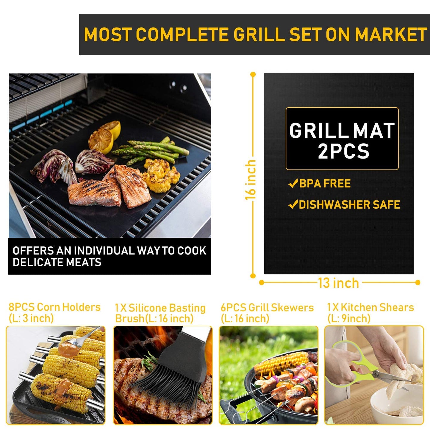34Pcs Grill Accessories Grilling Gifts for Men, 16 Inches Heavy Duty BBQ Accessories, Stainless Steel BBQ Tools with Thermometer, Grill Mats for Backyard, BBQ Set for Men Women