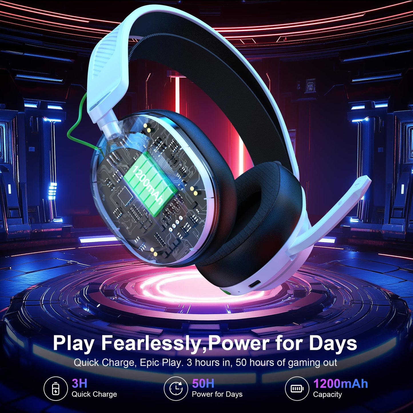 Vakedy HW10 Wireless Gaming Headset for PS5,PS4,PC,2.4GHz Bluetooth Gaming Headphones with Noise Cancelling Microphone,50Hr Battery Gamer Headset for Switch, Laptop,Mobile,Mac,Cool RGB (White)