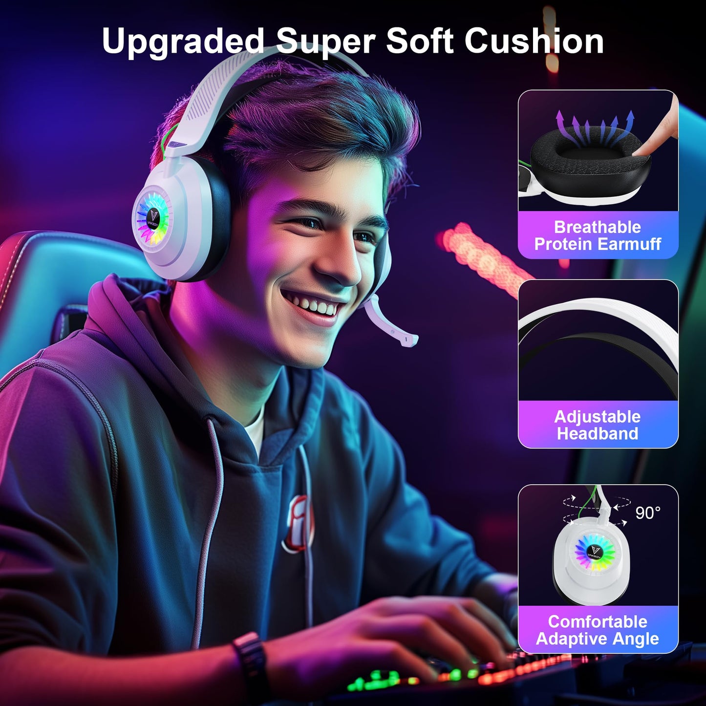 Vakedy HW10 Wireless Gaming Headset for PS5,PS4,PC,2.4GHz Bluetooth Gaming Headphones with Noise Cancelling Microphone,50Hr Battery Gamer Headset for Switch, Laptop,Mobile,Mac,Cool RGB (White)