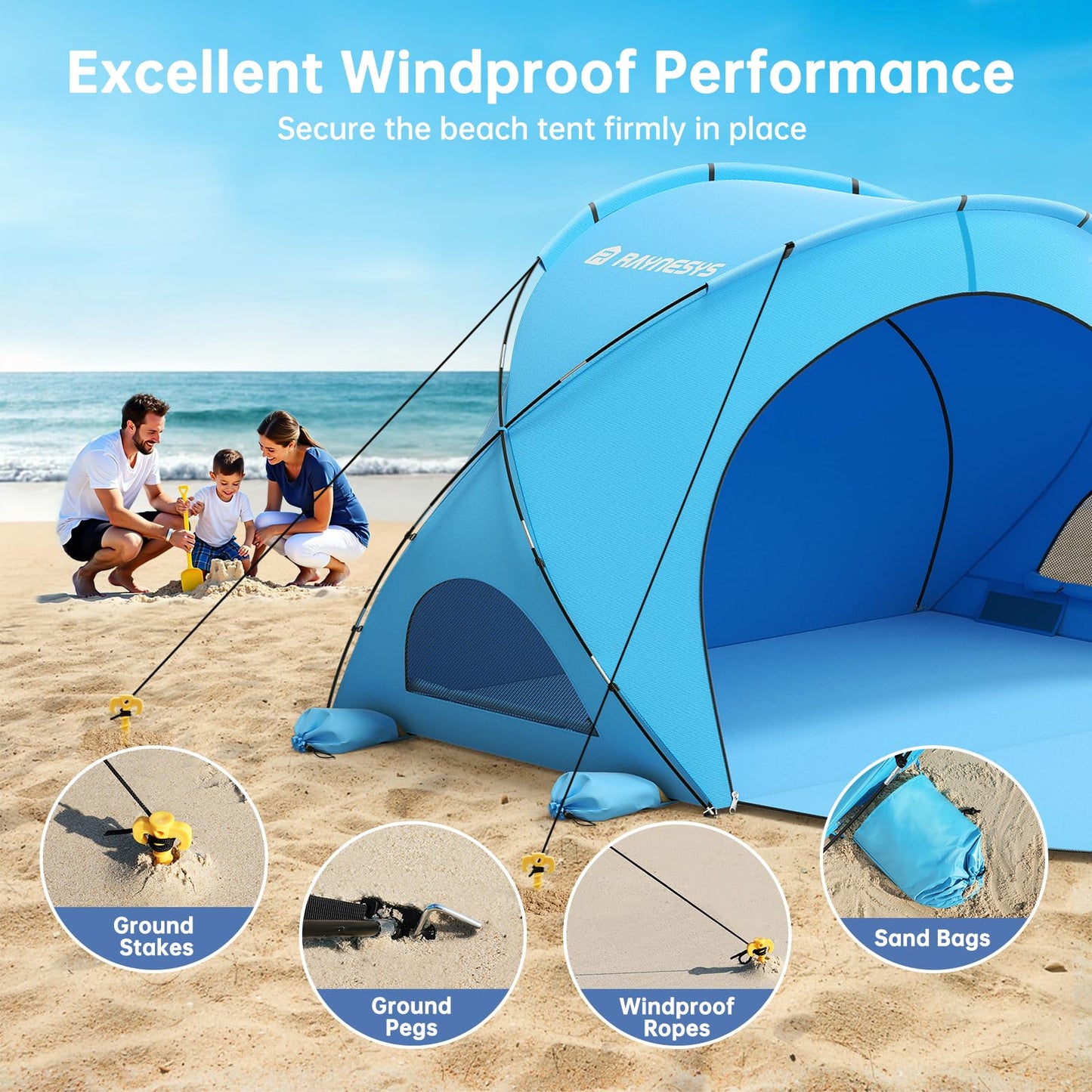 Raynesys Beach Tent Sun Shelter, Beach Shade Tent with UPF50+ UV Protection, Portable Sun Shelter for 1-3 Person, Sun Shade Tent with 2 Zippered Doors, Cool Cabana for Sand Camping Fishing, Blue