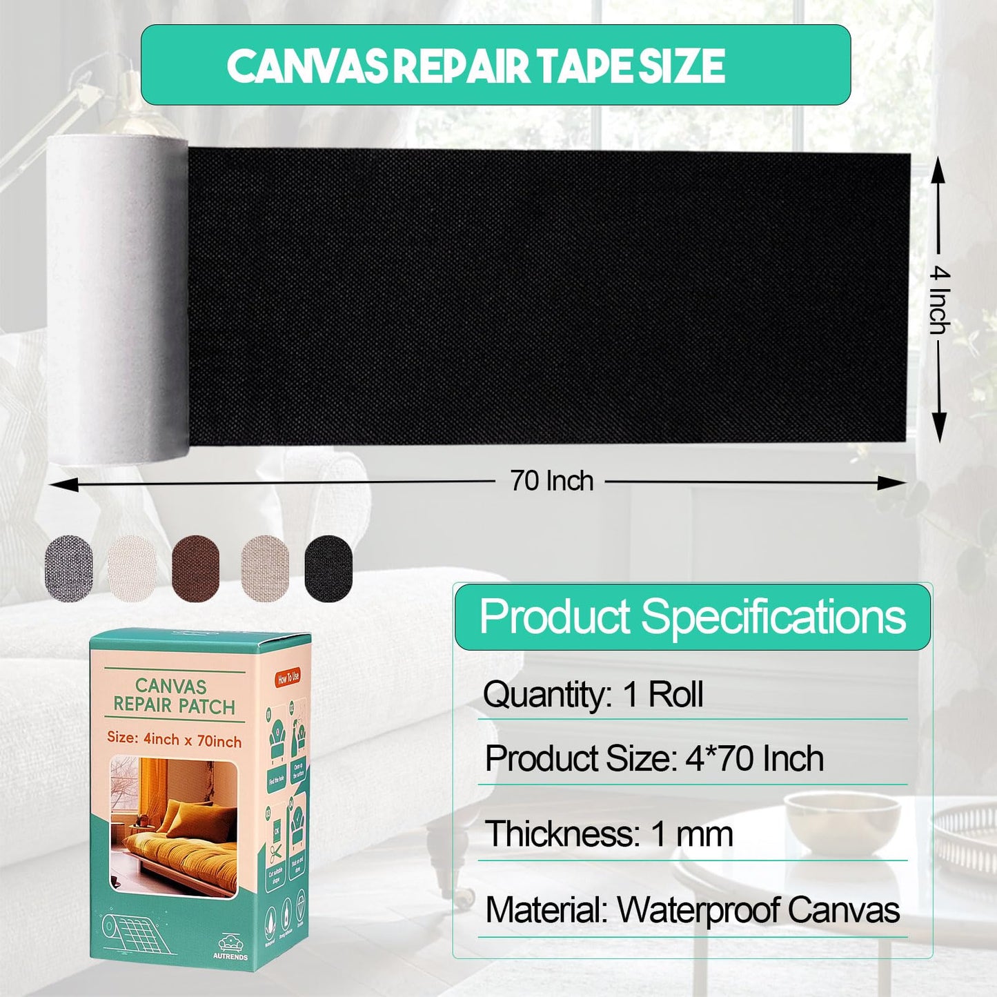 Autrends Canvas Repair Tape,Fabric Repair Patch,4×70 Inches,Outdoor Gear Patch, Waterproof,Self-Adhesive for Repairing Boat Covers,Tents,Sofas,Patio Umbrellas,Lounge Chairs,Awnings Light Grey