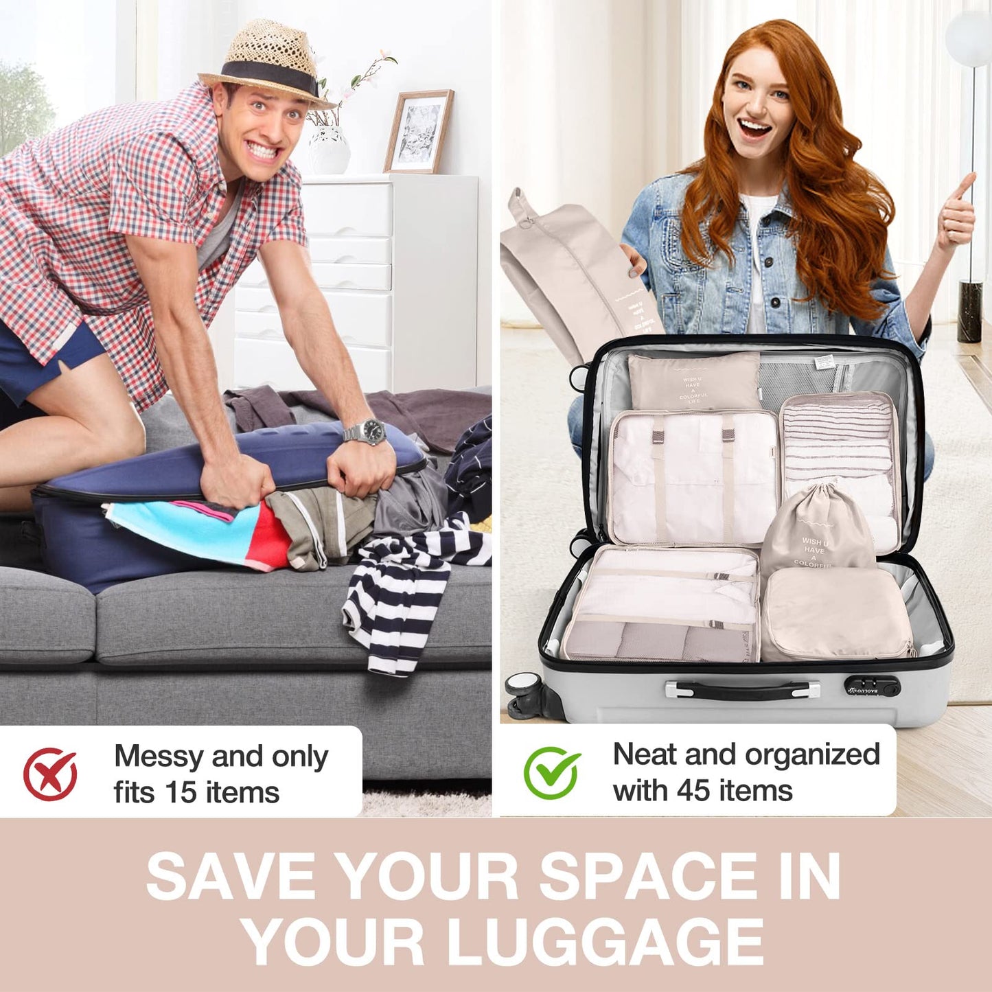 8 Set Packing Cubes for Suitcases, Packing Cube for Shoes, Cosmetics, Clothing and Accessories, Packing Cubes for Travel Luggage Organizer Women Men(Beige)