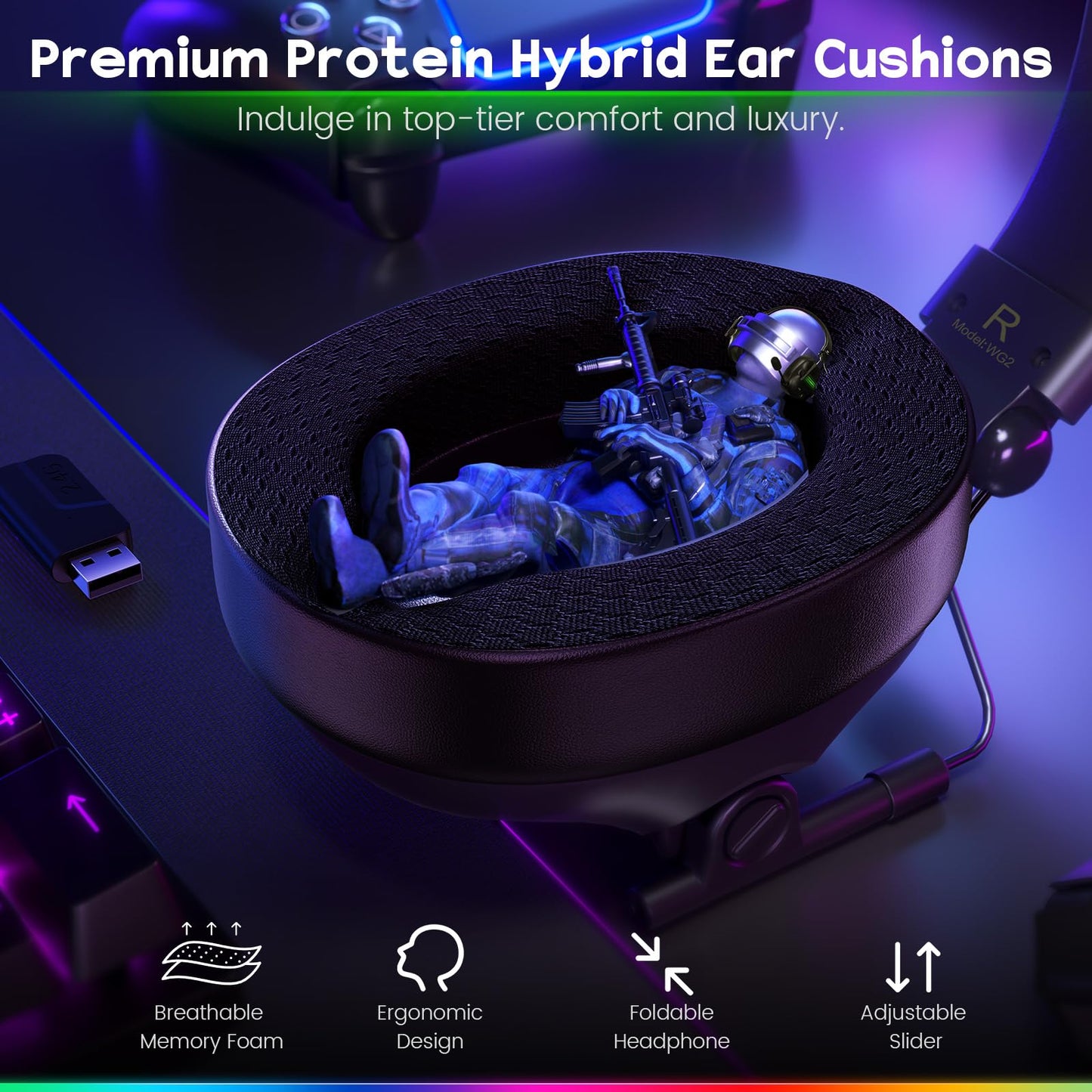 WESEARY WG2 Wireless Gaming Headsets with Microphone for PS5, PS4, PC, Switch, Mac, Crystal Stereo Bluetooth Headphones, Wireless Headset 2.4GHz with Lossless Audio, 50 Hr Battery, Cool LED