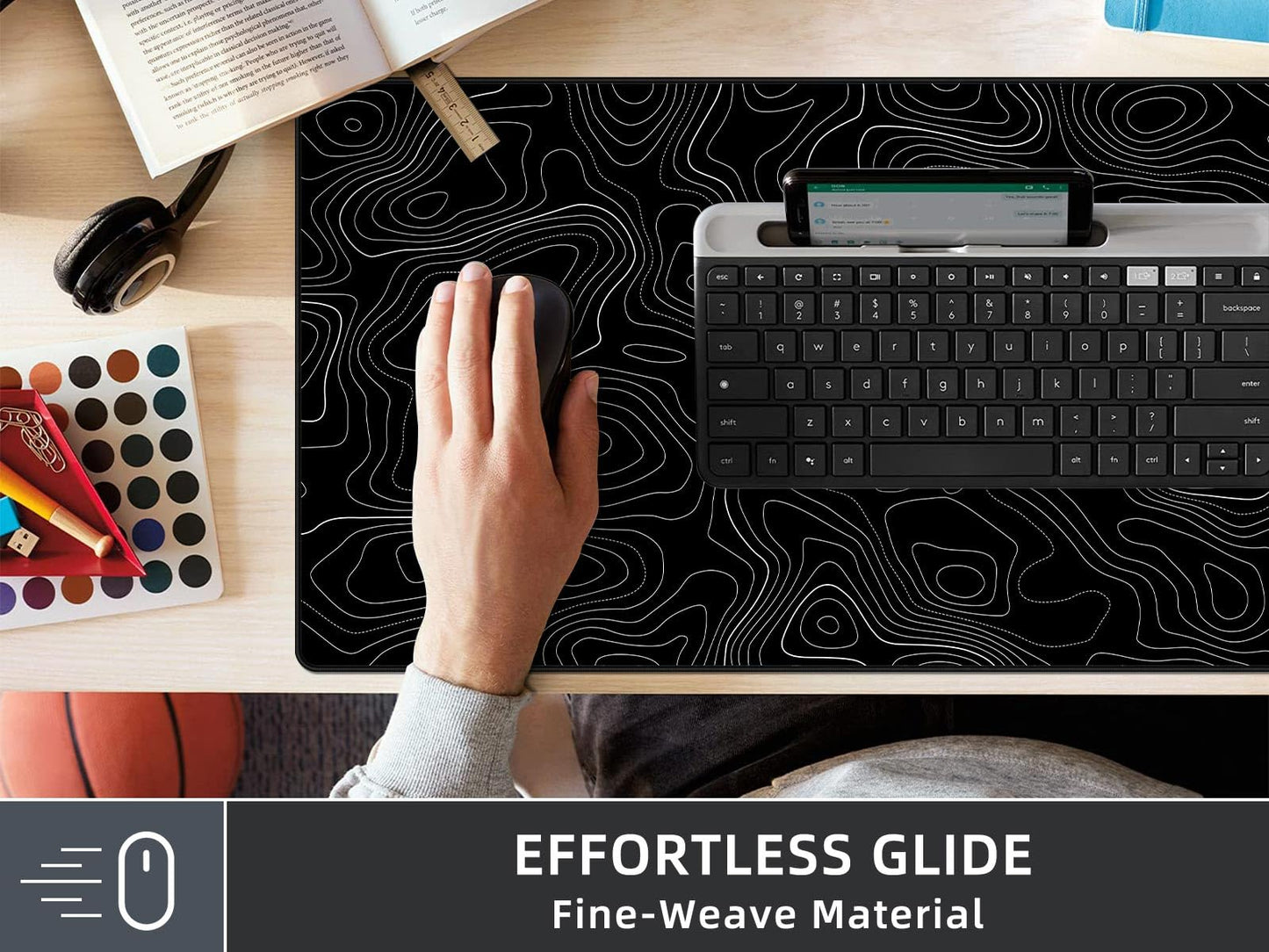 Rinaze Extra Large Gaming Mouse Pad with Black Topographic, XXL Mousepad, Big Mouse Mat Desk Pad, Non Slip Keyboard Pad for Gaming Computer Laptop PC Office Desk Accessories