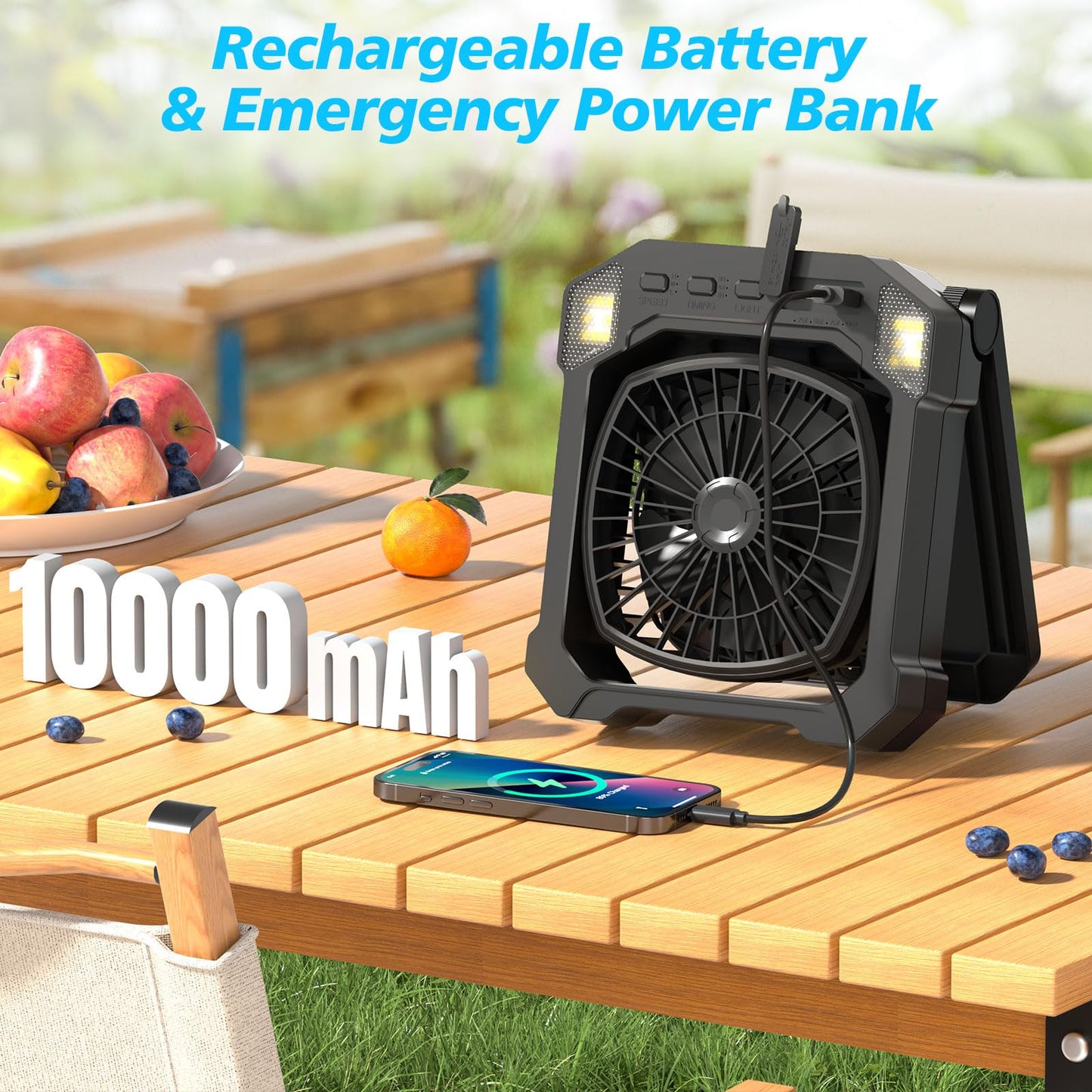 Camping Fan Solar Powered, Portable Solar Fan 10000mAh USB Rechargeable Battery Operated with Light, Quiet Outdoor Fans for Tent, RV, Emergency, Hiking, Power Outage, Desk, Greenhouse, Survival Kit
