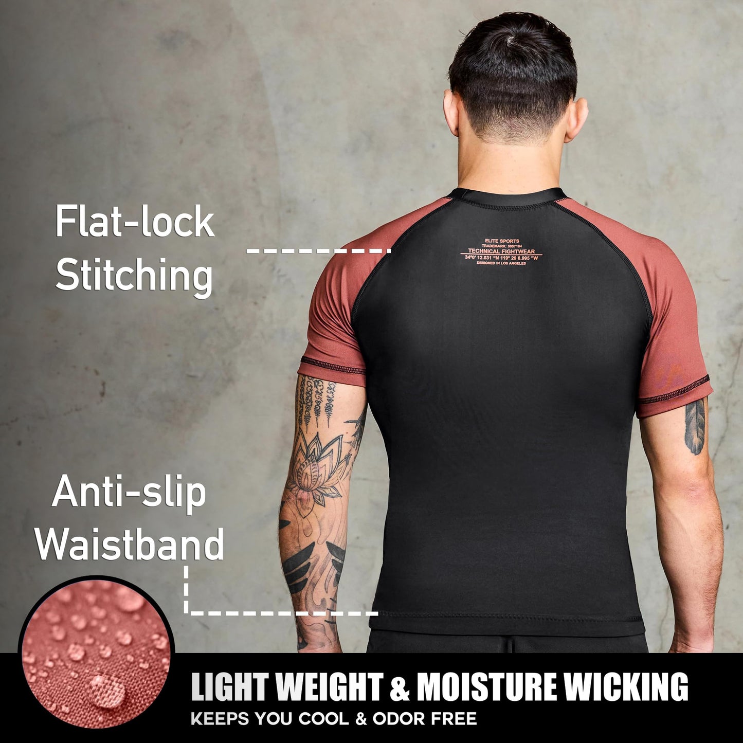 Elite Sports Jiu Jitsu BJJ Rash Guards, Men’s BJJ, No GI, MMA Ranked Short Sleeve Compression Base Layer Rash Guard Brown