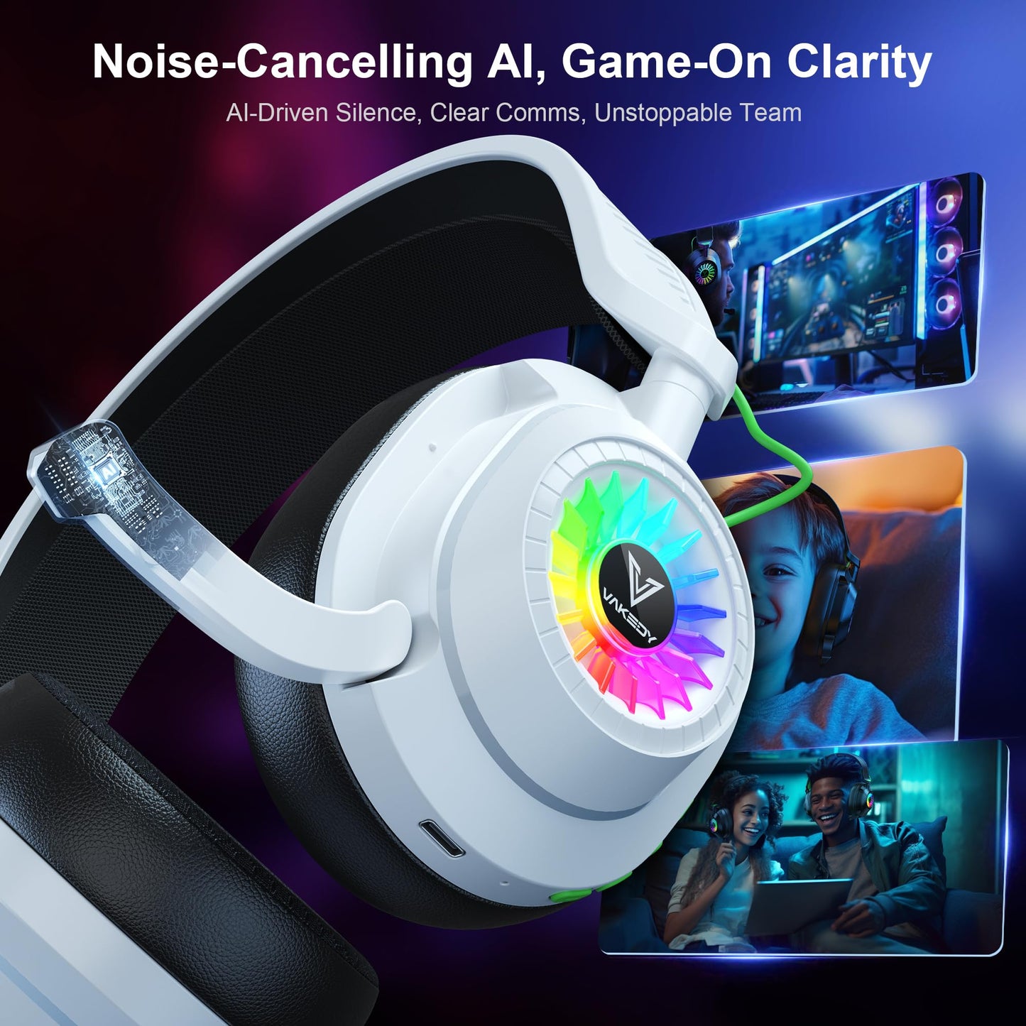 Vakedy HW10 Wireless Gaming Headset for PS5,PS4,PC,2.4GHz Bluetooth Gaming Headphones with Noise Cancelling Microphone,50Hr Battery Gamer Headset for Switch, Laptop,Mobile,Mac,Cool RGB (White)
