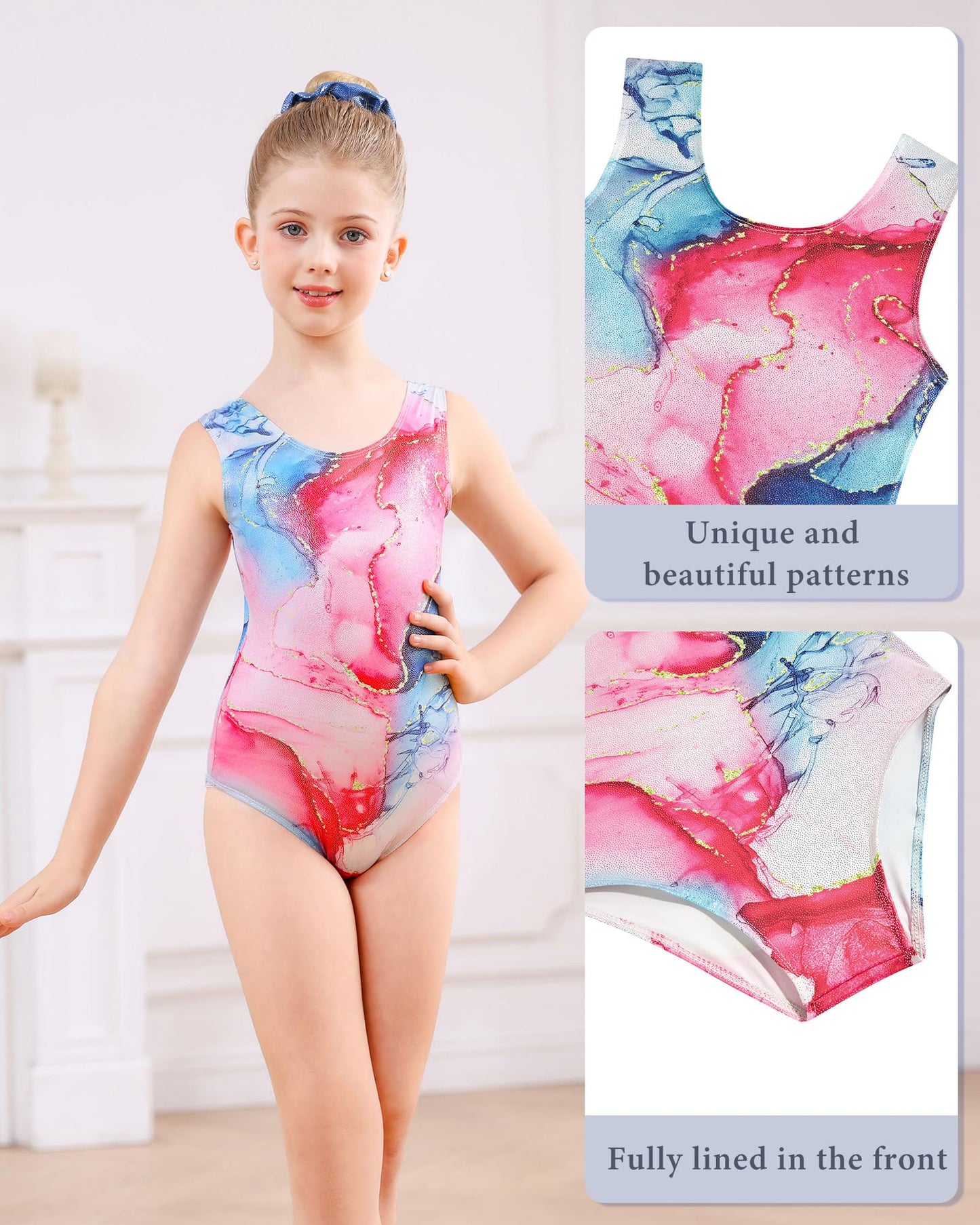 3 Piece Leotard for Little Girls Gymnastics with Purple Boy Shorts for 4t 5t Kid Girls' Sparkle Diamond Black 3D Print Butter-fly Athletic Outfits with Hair Scrunchie for Girl Sporting.Size 4 5