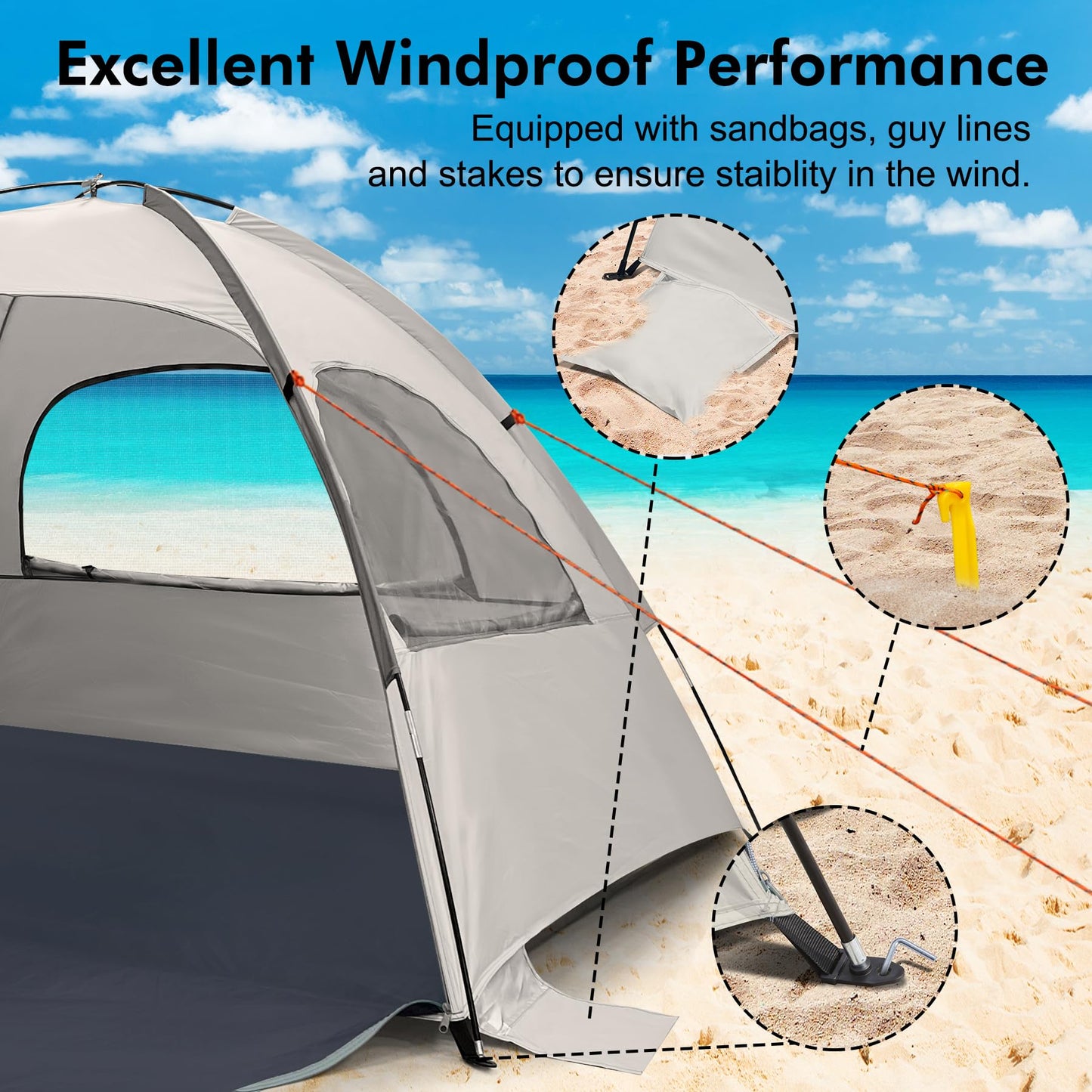 WhiteFang Beach Tent Anti-UV Portable Sun Shade Shelter for 3 Person, Extendable Floor with 3 Ventilating Mesh Windows Plus Carrying Bag, Stakes and Guy Lines (Baby's Breath)