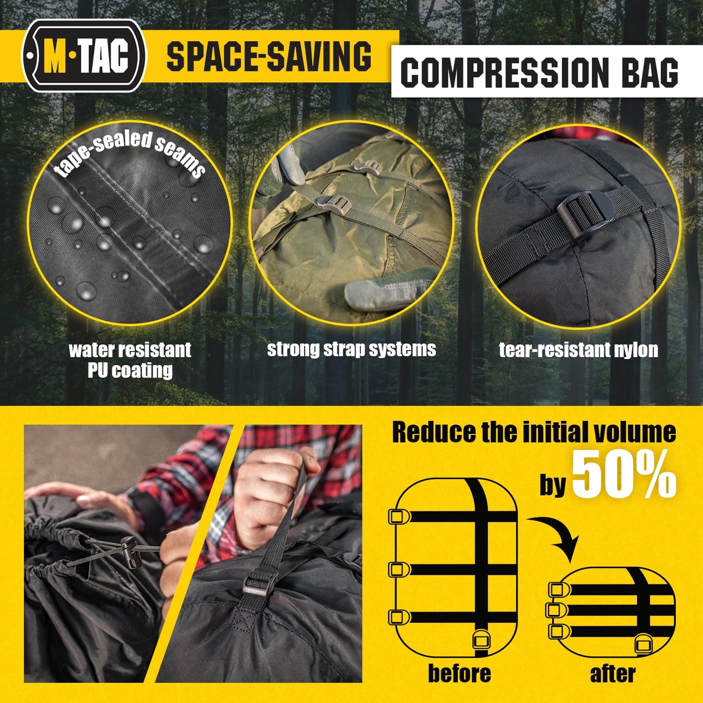 M-Tac Compression Stuff Sack for Sleeping Bag Military Water Resistant Compression Bag Lightweight Nylon Compression Sack for Travel, Camping, Hiking, Outdoor (Black, L - 24 liters)