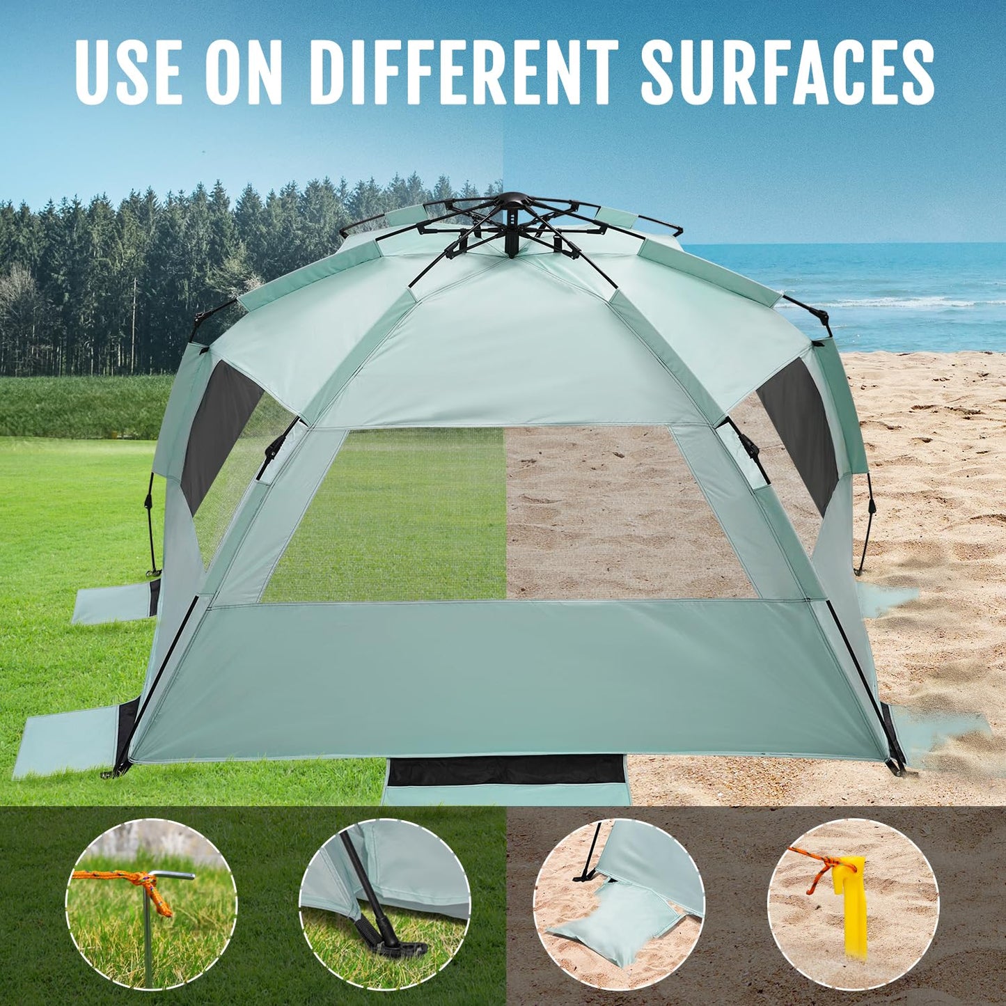 WhiteFang XL Pop Up Beach Tent Sun Shade Shelter for 3-4 Person with Blackout Shelter, UV Protection, Extendable Floor with 3 Ventilating Windows Plus Carrying Bag, Stakes, and Guy Lines (Mint Green)