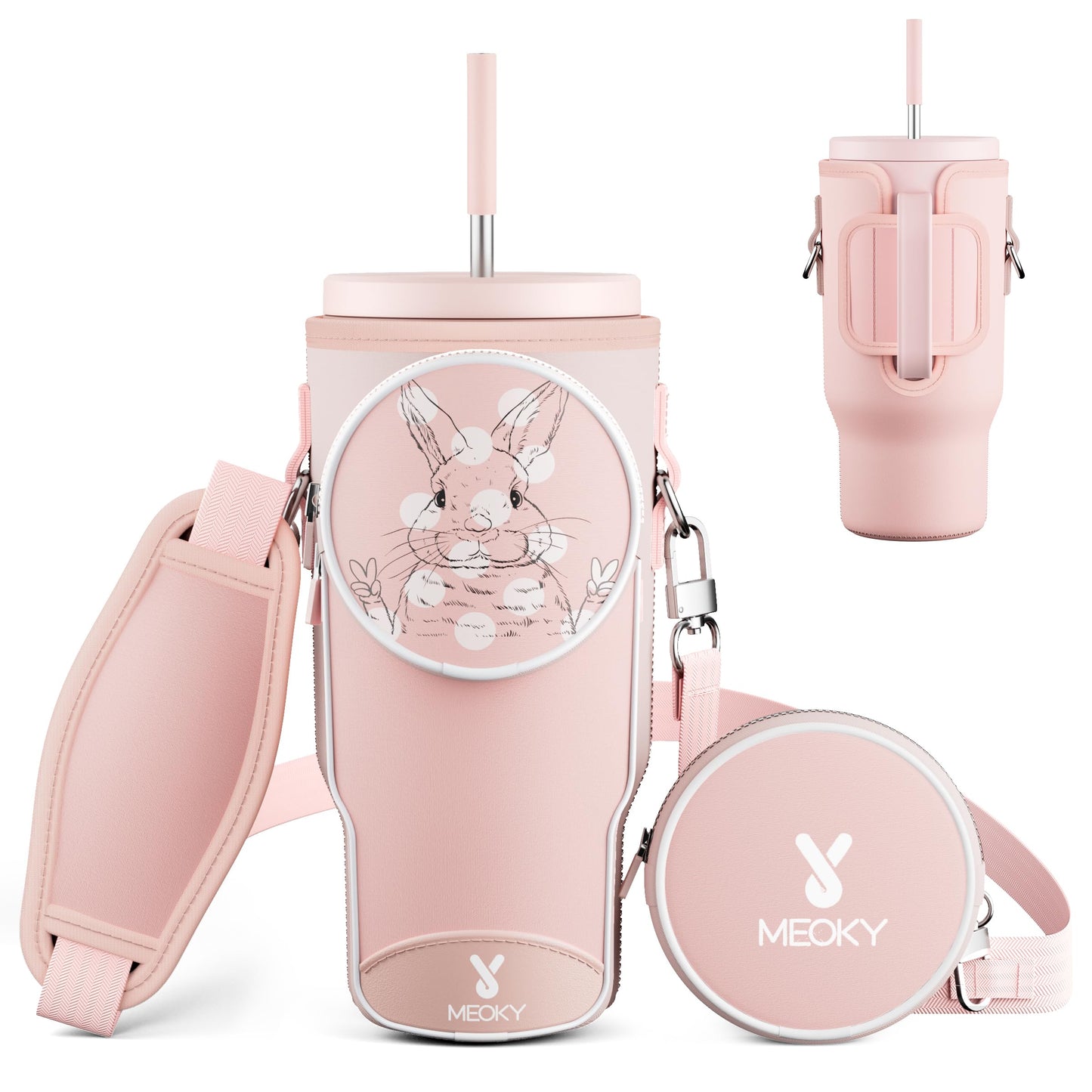 Meoky Water Bottle Carrier Bag with Phone Pocket for 40 oz Tumbler with Handle, Neoprene Water Bottle Holder Pouch with Adjustable Strap, 2 Carabiner Clips (Pink Bunny)