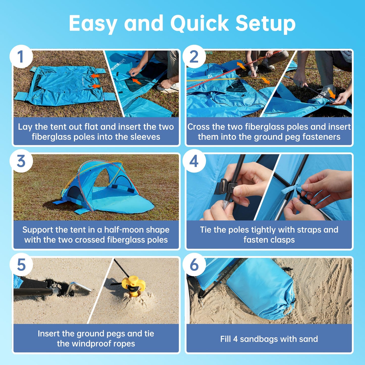 Raynesys Beach Tent Sun Shelter, Beach Shade Tent with UPF50+ UV Protection, Portable Sun Shelter for 1-3 Person, Sun Shade Tent with 2 Zippered Doors, Cool Cabana for Sand Camping Fishing, Blue
