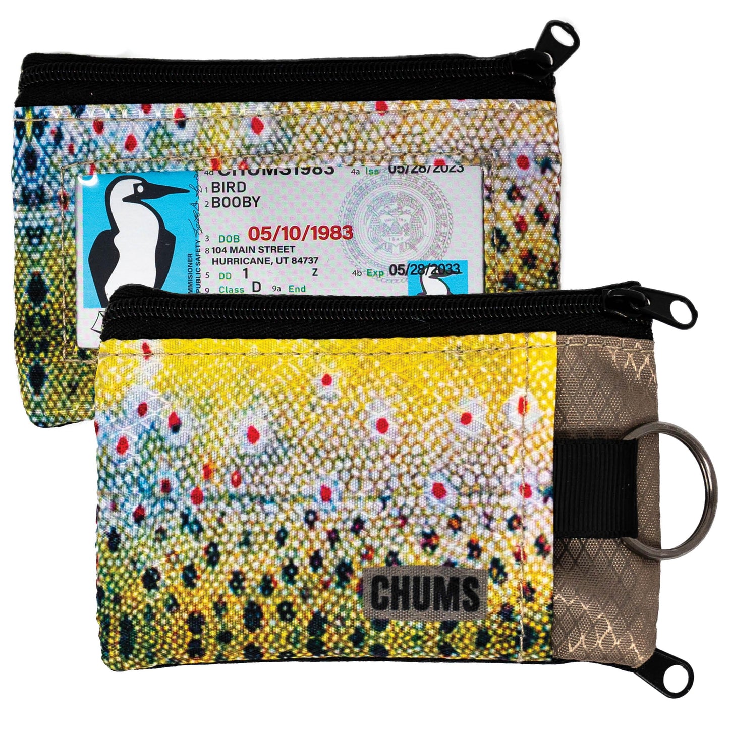 Chums Surfshorts Wallet - Lightweight Slim Wallet with RFID Blocking Card & Clear ID Window - Zippered, Minimalist Wallet w/Key Ring (Brown Trout)