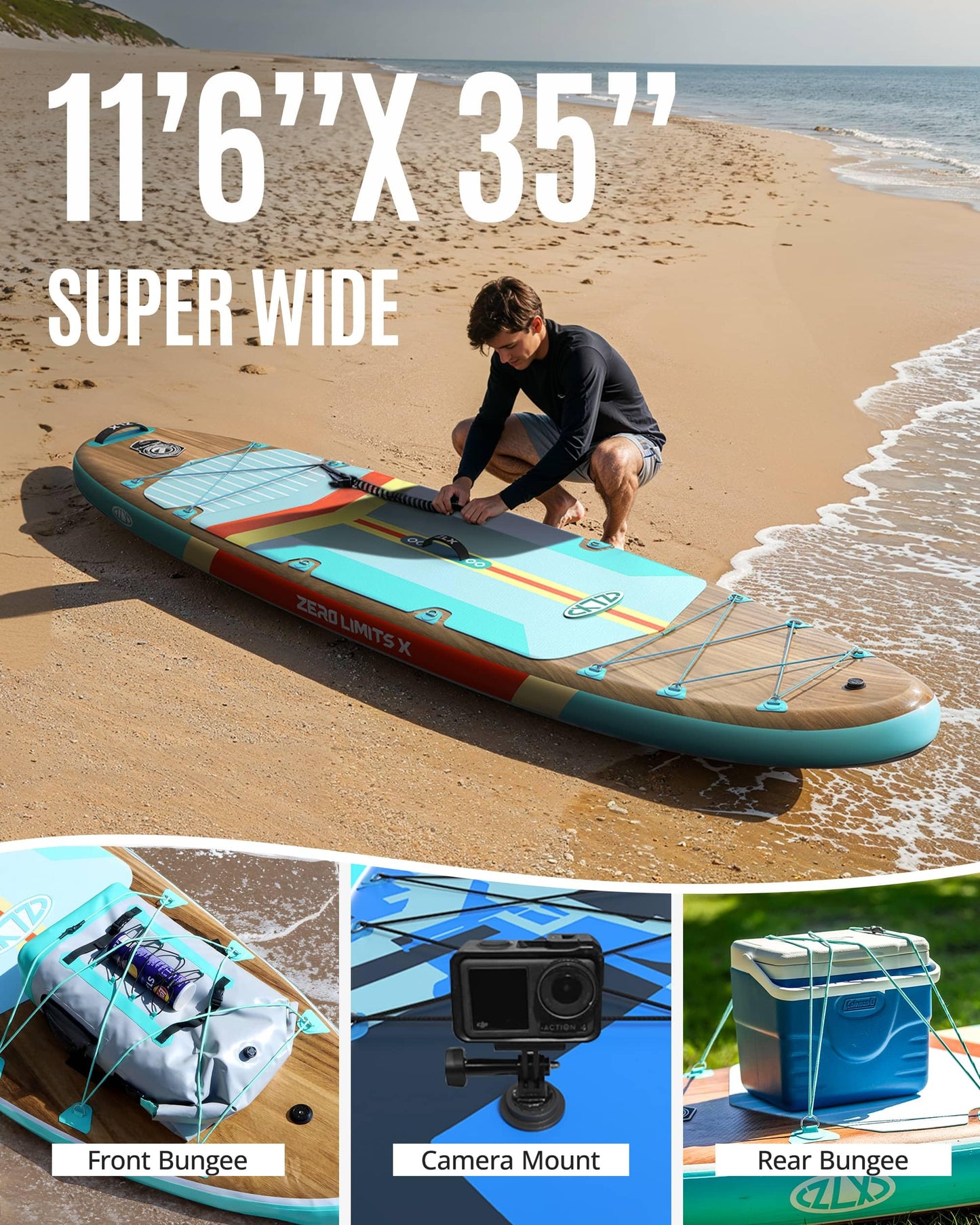 ZLX 11'6" Extra Wide Inflatable Stand Up Paddle Board SUP | Stable Non-Slip Deck Pad, Unique Fin System and Premium iSUP Accessories - Portable Backpack & Upgraded Pump for Adults, All Skill Levels