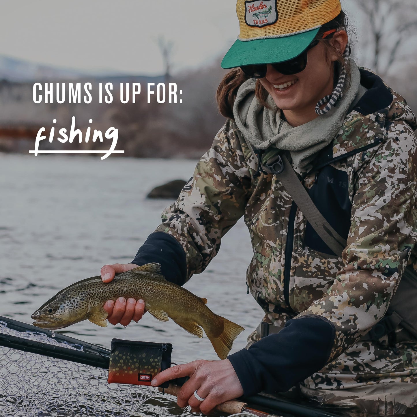 Chums Surfshorts Wallet - Lightweight Slim Wallet with RFID Blocking Card & Clear ID Window - Zippered, Minimalist Wallet w/Key Ring (Brown Trout)