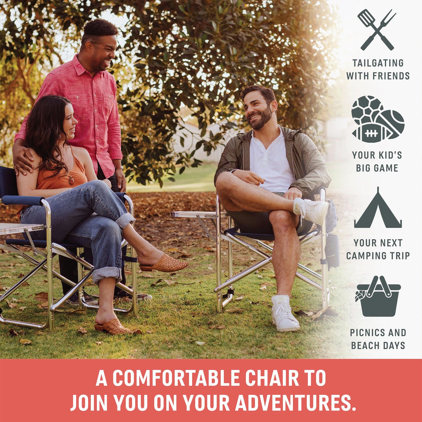PICNIC TIME Sports Chair with Side Table, Camping Chair, Beach Chair, Camp Chair for Adults (Red)