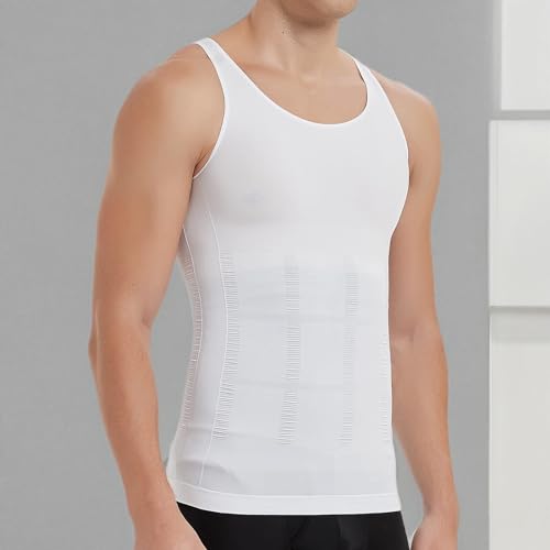 KOCLES Mens Athletic Compression Shirt Slimming Body Shaper Tank Top Abs Abdomen Slim Vest Undershirt (White, Large)