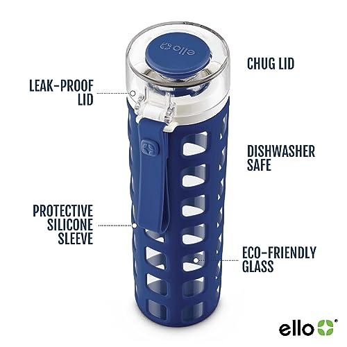 Ello Syndicate Glass Water Bottle with One-Touch Flip Lid and Protective Silicone Sleeve and Carry Loop, BPA Free, Dishwasher Safe, Bold Blue, 20oz