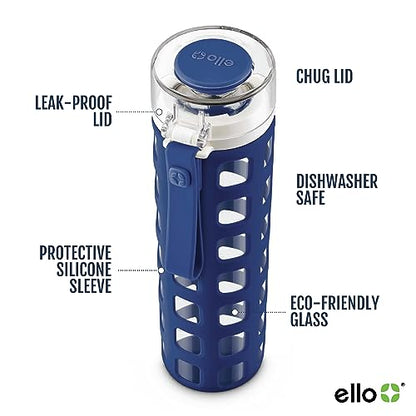 Ello Syndicate Glass Water Bottle with One-Touch Flip Lid and Protective Silicone Sleeve and Carry Loop, BPA Free, Dishwasher Safe, Bold Blue, 20oz