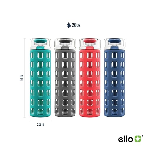 Ello Syndicate Glass Water Bottle with One-Touch Flip Lid and Protective Silicone Sleeve and Carry Loop, BPA Free, Dishwasher Safe, Bold Blue, 20oz