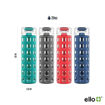 Ello Syndicate Glass Water Bottle with One-Touch Flip Lid and Protective Silicone Sleeve and Carry Loop, BPA Free, Dishwasher Safe, Bold Blue, 20oz