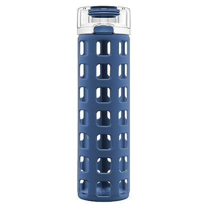 Ello Syndicate Glass Water Bottle with One-Touch Flip Lid and Protective Silicone Sleeve and Carry Loop, BPA Free, Dishwasher Safe, Bold Blue, 20oz