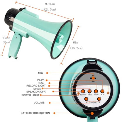 30 Watt Power Portable Megaphone Bullhorn Speaker Voice, Siren/Alarm and 240S Recording with Volume Control and Strap (Teal)