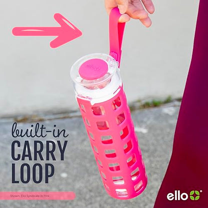 Ello Syndicate Glass Water Bottle with One-Touch Flip Lid and Protective Silicone Sleeve and Carry Loop, BPA Free, Dishwasher Safe, Bold Blue, 20oz