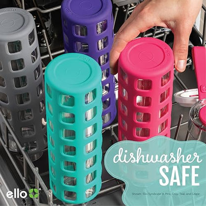 Ello Syndicate Glass Water Bottle with One-Touch Flip Lid and Protective Silicone Sleeve and Carry Loop, BPA Free, Dishwasher Safe, Bold Blue, 20oz