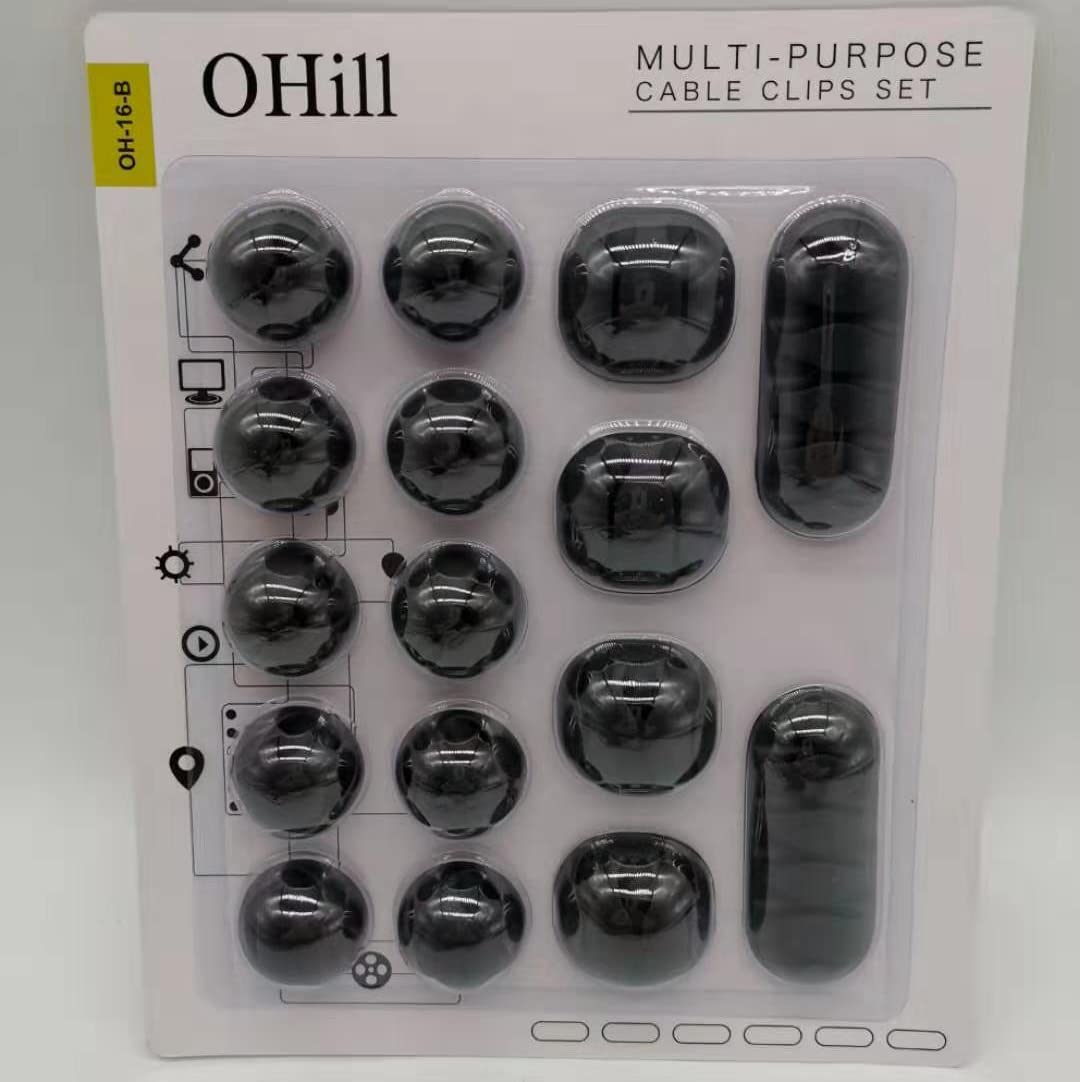 OHill 16-Pack Black Cord Organizer - Adhesive Cable Clips Holder for Desk, Wall, Car - Wire Management Clips for iPhone Charger, USB, Computer Cables -Cord Keepers with Strong Sticky Backing