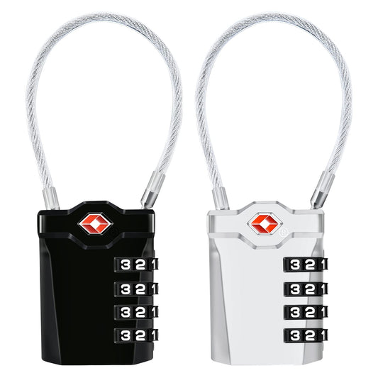 2 Packs TSA Luggage Locks with 14cm Flexible Cable, Diyife 4-Digit Combination Lock Security Padlock Travel Lock for Suitcase Luggage Backpack School or Gym Cabinet, etc. (Black & Sliver)