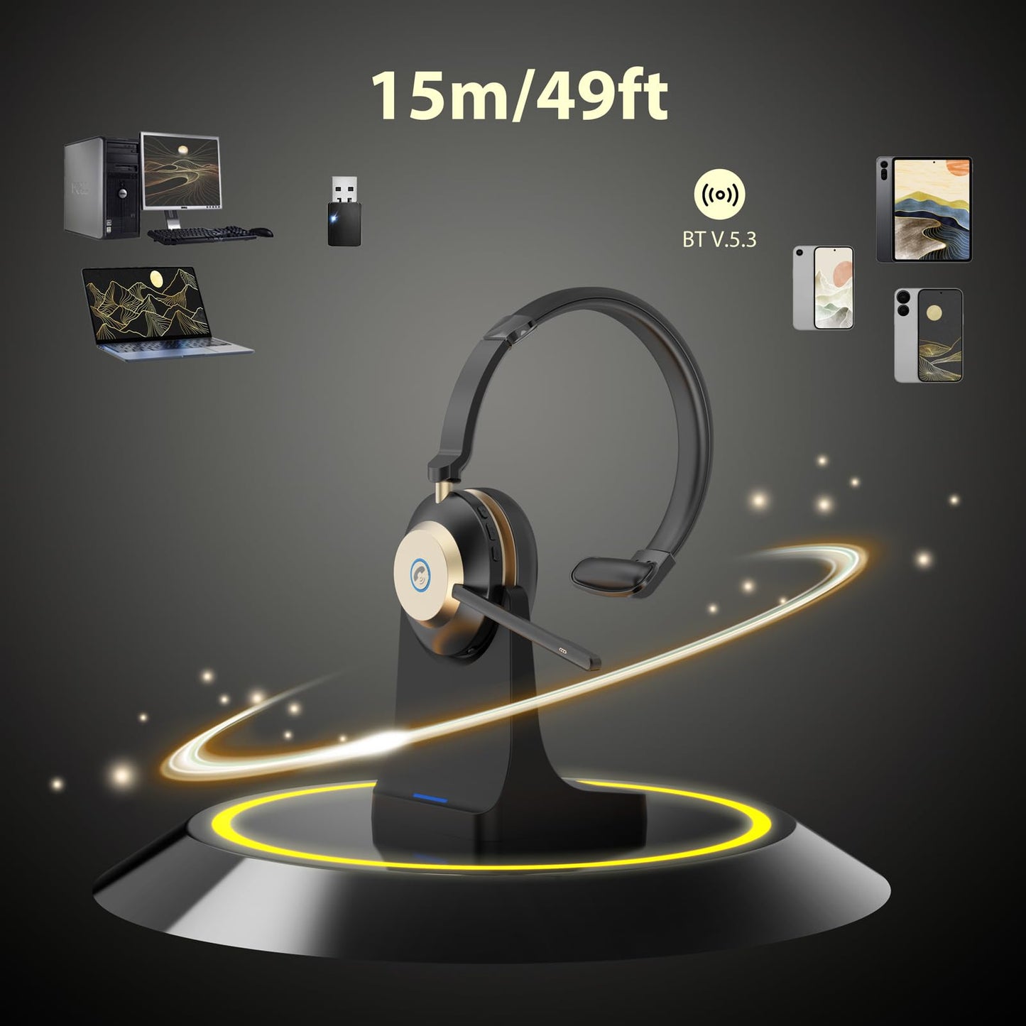 NOTESNEE V5.3 Wireless Headset with Mic for Work, 45Hrs Computer Headset with Microphone, Bluetooth Headphones with Noise Cancelling Mic, Charging Base, USB Dongle & Mute Button for PC, Skype, Zoom