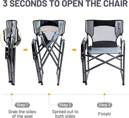 PORTAL Tablet Table Camping Directors Chair, Foldable Camp Chair with 2-Way Rotatable Side Table, Outdoor Folding Chairs for Adults, Heavy Duty Supports 300LBS for Lawn Patio Beach, Grey