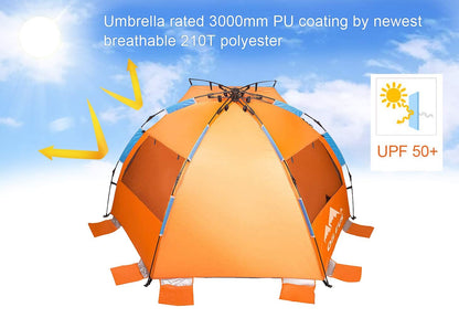 Oileus X-Large 4 Person Beach Tent Sun Shelter - Portable Sun Shade Instant Tent for Beach with Carrying Bag, Stakes, 6 Sand Pockets, Anti UV for Fishing Hiking Camping, Waterproof Windproof, Orange
