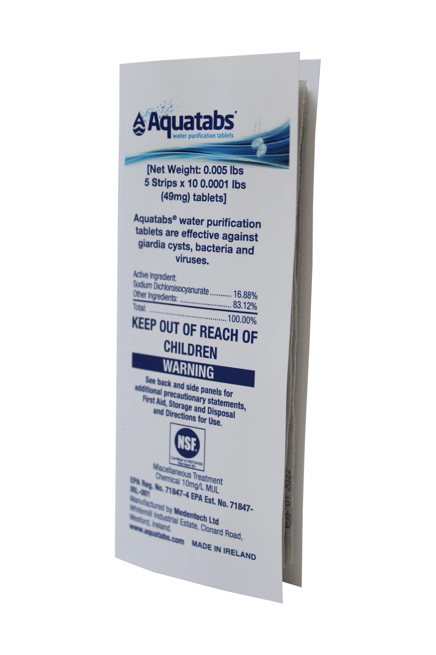Aquatabs 49mg Water Purification Tablets (50 Pack). Water Filtration System for Hiking, Backpacking, Camping, Emergencies, Survival, and Home-Use. Easy to Use Water Treatment and Disinfection.