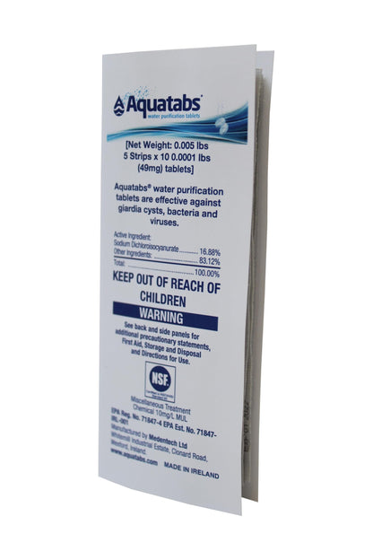 Aquatabs 49mg Water Purification Tablets (50 Pack). Water Filtration System for Hiking, Backpacking, Camping, Emergencies, Survival, and Home-Use. Easy to Use Water Treatment and Disinfection.